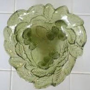 1960's Olive green Loganberry Dish. Pressed leaf and berry pattern.